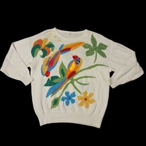 Vintage Betty Barclay Sweater Jumper 3D Tropical Birds Jungle Hawaii‎ Sequins